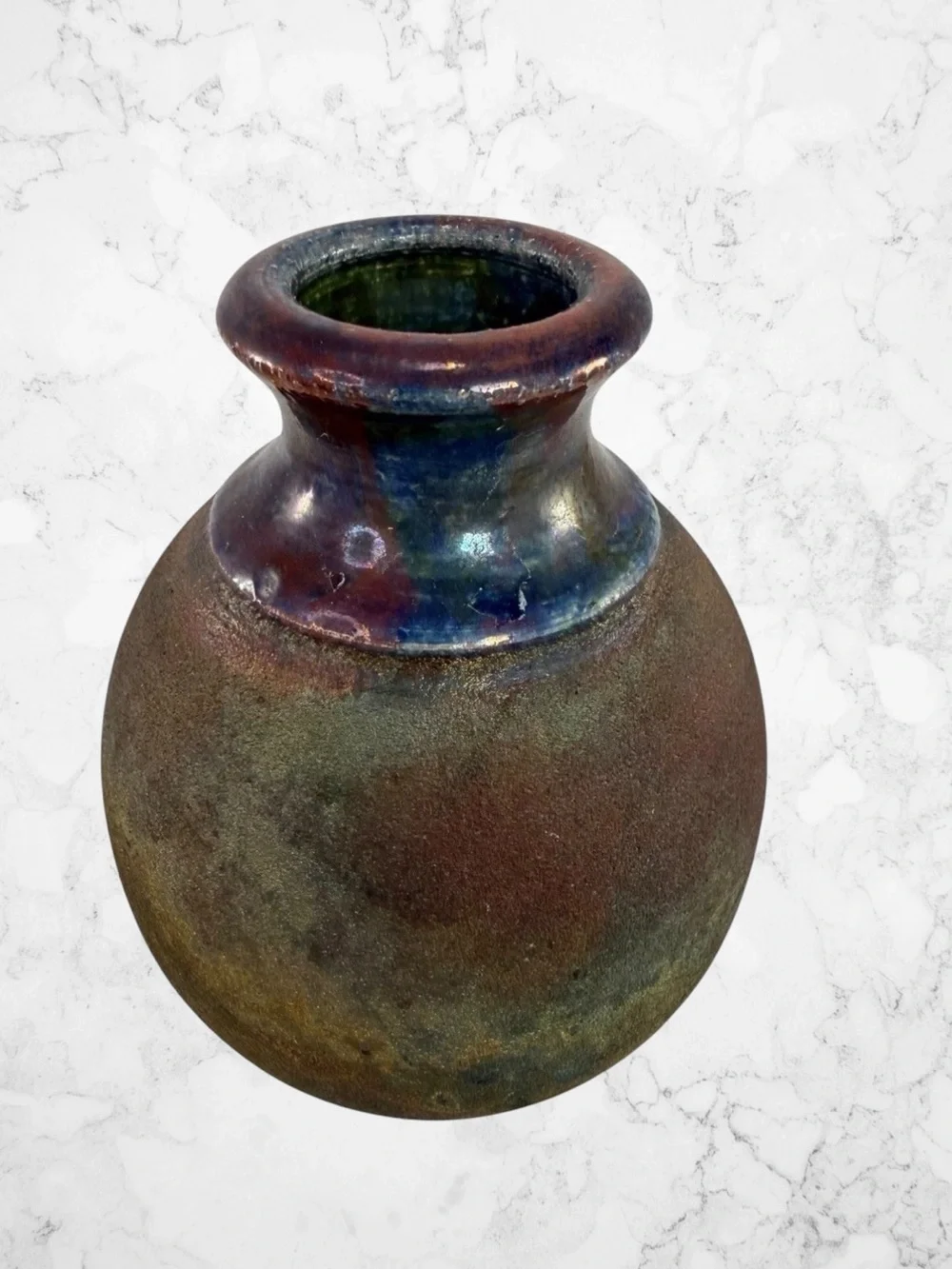 Vintage Raku Art Pottery Bud Table Vase Floral Green Gold Blue Artisan Signed